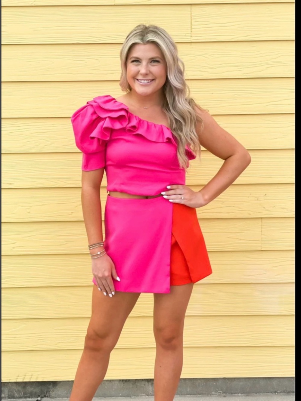 DO+BE Hot Pink One-Shoulder Ruffle Crop Top & Skort Set